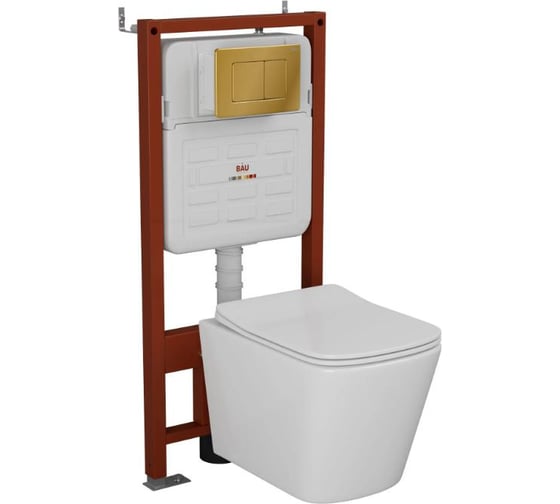 Комплект Bauedge BAU 6 в 1: усиленная инсталляция BAU IDEAL, унитаз подвесной безободковый Bau Stil Hurricane, быстросъемное тонкое сиденье дюропласт микролифт, клавиша BAU Light, нерж. сталь золото E458103-BS0001-HQ-E00108
