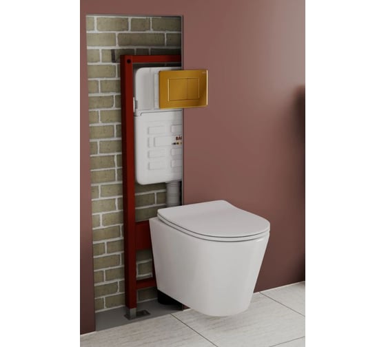 Комплект Bauedge BAU 6 в 1: усиленная инсталляция BAU IDEAL, унитаз подвесной безободковый Bau Nimb Hurricane смыв торнадо, быстросъемное тонкое сиденье дюропласт микролифт, клавиша нерж. сталь золото E458103-BK0001-HQ-E00108