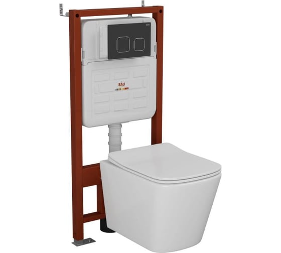 Комплект Bauedge BAU 6 в 1: усиленная инсталляция BAU IDEAL, унитаз подвесной безободковый вихревой Bau Stil Hurricane, быстросъемное тонкое сиденье дюропласт микролифт, клавиша BAU Strike, черная матовая E458103-BS0001-HQ-E00103