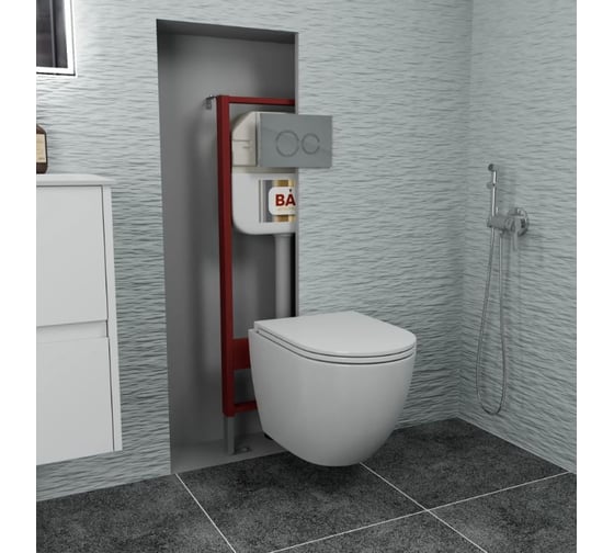 Комплект Bauedge BAU 6 в 1: рамная инсталляция, унитаз подвесной безободковый Bau Dream 53, сиденье дюропласт микролифт, круглая хромированная клавиша Aquanika NEO45700-BL0002-01.02.19
