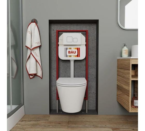 Комплект Bauedge BAU 6 в 1: рамная инсталляция, унитаз подвесной безободковый Bau Nimb Hurricane смыв торнадо, быстросъемное тонкое сиденье дюропласт микролифт, кнопка смыва BAU Soul, белая NEO45700-BK0001-HQ-Q00014
