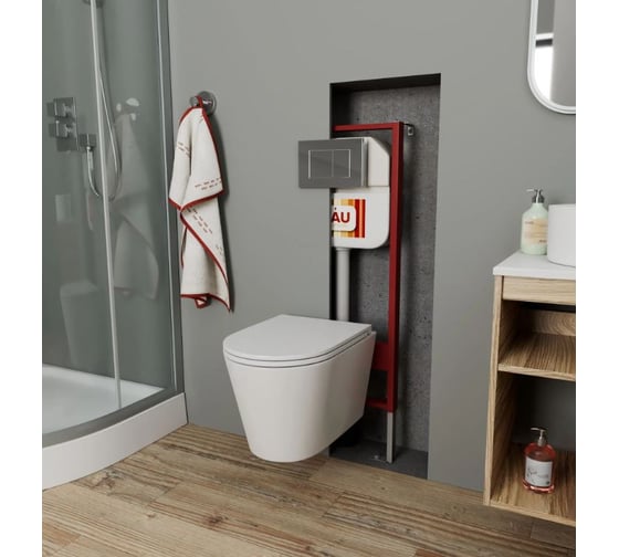 Комплект Bauedge BAU 6 в 1: рамная инсталляция, унитаз подвесной безободковый вихревой Bau Nimb Hurricane смыв торнадо, быстросъемное тонкое сиденье дюропласт микролифт, кнопка смыва BAU Stil , хром NEO45700-BK0001-HQ-Q00002