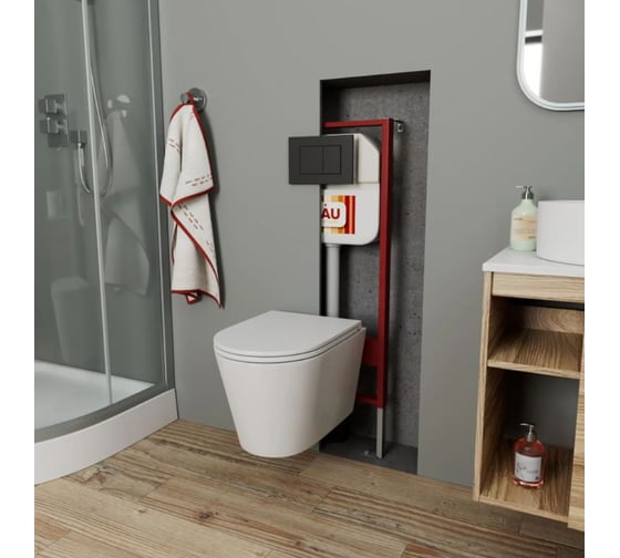 Комплект Bauedge BAU 6 в 1: рамная инсталляция, унитаз подвесной безободковый вихревой Bau Nimb Hurricane смыв торнадо, быстросъемное тонкое сиденье дюропласт микролифт, клавиша BAU Stil , черная матовая NEO45700-BK0001-HQ-Q00003