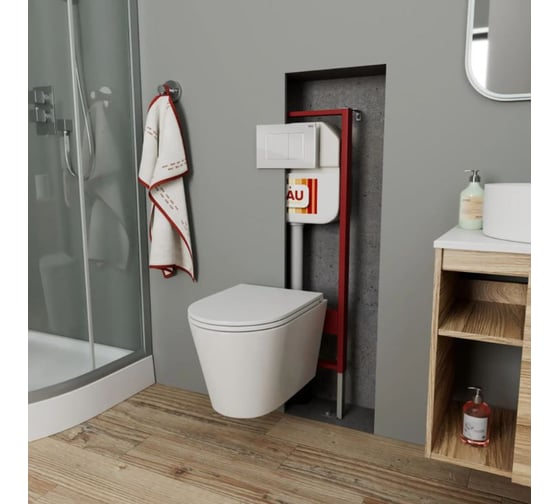 Комплект Bauedge BAU 6 в 1: рамная инсталляция, унитаз подвесной безободковый вихревой Bau Nimb Hurricane смыв торнадо, быстросъемное тонкое сиденье дюропласт микролифт, кнопка смыва BAU Stil , белый глянец NEO45700-BK0001-HQ-Q00001
