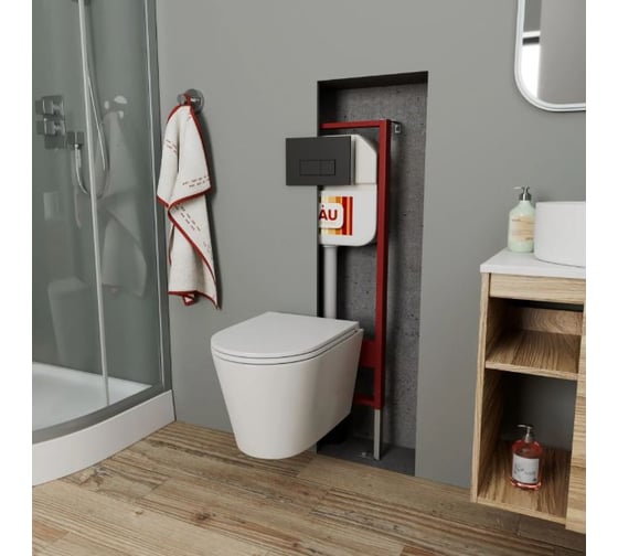 Комплект Bauedge BAU 6 в 1: рамная инсталляция, унитаз подвесной безободковый вихревой Bau Nimb Hurricane смыв торнадо, быстросъемное тонкое сиденье дюропласт микролифт, кнопка BAU Hotel , черная матовая NEO45700-BK0001-HQ-Q00008
