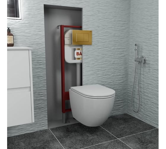 Комплект Bauedge BAU 6 в 1: рамная инсталляция, унитаз подвесной безободковый Bau Dream 53, сиденье дюропласт микролифт, кнопка смыва BAU Stil, золото NEO45700-BL0002-Q00013