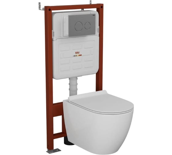 Комплект Bauedge BAU 6 в 1: инсталляция BAU PRO для подвесного унитаза, унитаз подвесной безободковый торнадо обратного потока Bau Dream 52х36 Hurricane-5, сиденье быстросъемное микролифт, клавиша BAU Wheel антивандальная, нерж с E458103-BL0001-HQ5-E00118