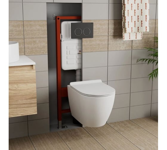 Комплект Bauedge BAU 6 в 1: инсталляция BAU PRO для подвесного унитаза, унитаз подвесной безободковый торнадо обратного потока Bau Dream 52х36 Hurricane-5, сиденье быстросъемное микролифт, клавиша BAU Round, черная матовая E458103-BL0001-HQ5-E00115
