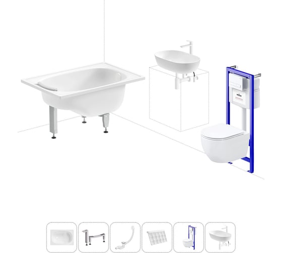 Комплект 6 в 1 Sanitana BLB Europa Mini стальная ванна 105x70 с инсталляцией, подвесным унитазом 20220754R