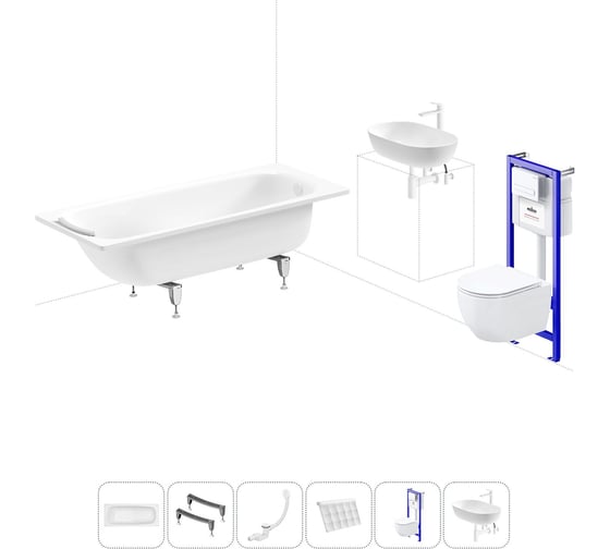 Комплект 6 в 1 Sanitana BLB Universal 3,5 стальная ванна 170x75 с инсталляцией, подвесным унитазом 20220850R