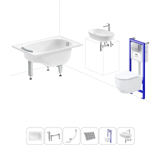 Комплект 6 в 1 Sanitana BLB Europa Mini стальная ванна 105x70 с инсталляцией, подвесным унитазом 20220753R