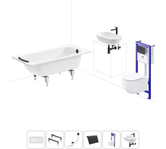 Комплект 6 в 1 Sanitana BLB Universal 3,5 стальная ванна 150x70 с инсталляцией, подвесным унитазом 20220827R