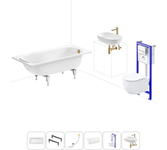 Комплект 6 в 1 Sanitana BLB Europa 2,2 стальная ванна 150x70 с инсталляцией, подвесным унитазом 20220796R