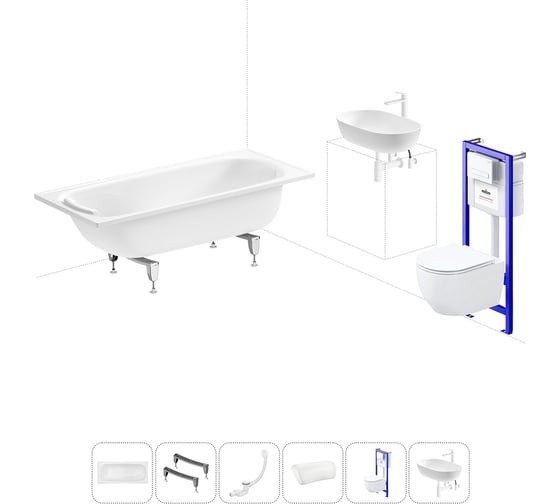 Комплект 6 в 1 Sanitana BLB Europa 2,2 стальная ванна 160x70 с инсталляцией, подвесным унитазом 20220802R