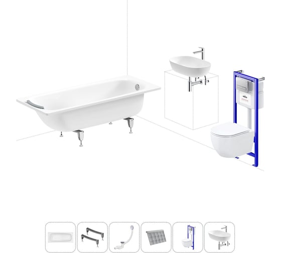 Комплект 6 в 1 Sanitana BLB Universal 3,5 стальная ванна 170x75 с инсталляцией, подвесным унитазом 20220849R