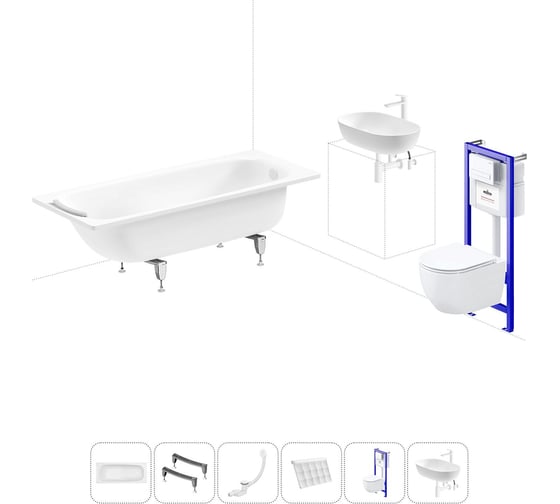 Комплект 6 в 1 Sanitana BLB Universal 3,5 стальная ванна 170x70 с инсталляцией, подвесным унитазом 20220842R