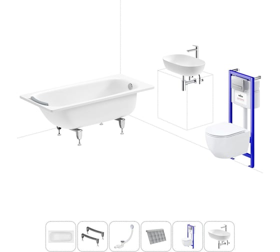 Комплект 6 в 1 Sanitana BLB Universal 3,5 стальная ванна 150x70 с инсталляцией, подвесным унитазом 20220825R