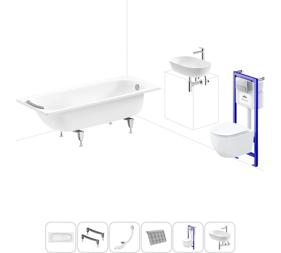 Комплект 6 в 1 Sanitana BLB Universal 3,5 стальная ванна 170x70 с инсталляцией, подвесным унитазом 20220841R