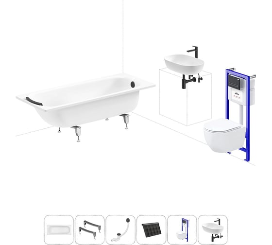 Комплект 6 в 1 Sanitana BLB Universal 3,5 стальная ванна 170x70 с инсталляцией, подвесным унитазом 20220843R