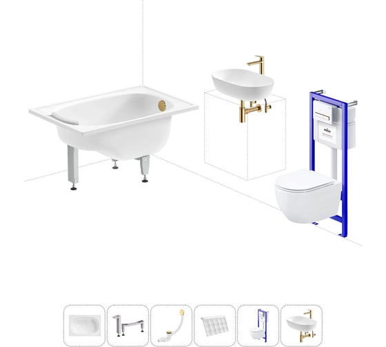 Комплект 6 в 1 Sanitana BLB Europa Mini стальная ванна 105x70 с инсталляцией, подвесным унитазом 20220756R