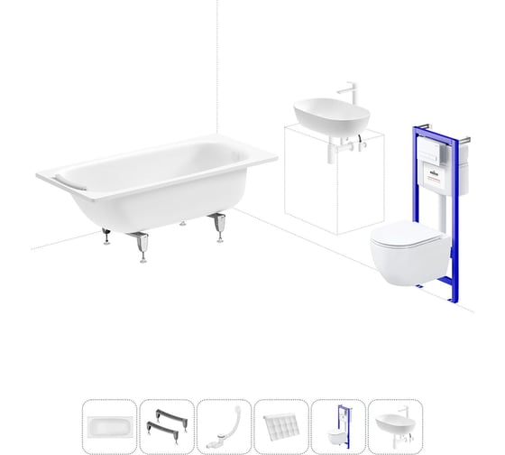 Комплект 6 в 1 Sanitana BLB Universal 3,5 стальная ванна 150x70 с инсталляцией, подвесным унитазом 20220826R