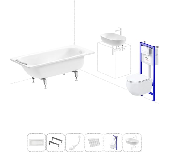 Комплект 6 в 1 Sanitana BLB Universal 3,5 стальная ванна 160x70 с инсталляцией, подвесным унитазом 20220834R