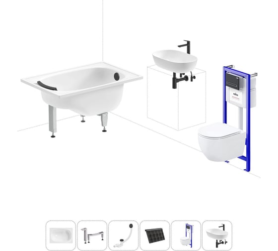 Комплект 6 в 1 Sanitana BLB Europa Mini стальная ванна 105x70 с инсталляцией, подвесным унитазом 20220755R