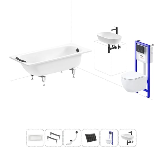 Комплект 6 в 1 Sanitana BLB Universal 3,5 стальная ванна 160x70 с инсталляцией, подвесным унитазом 20220835R