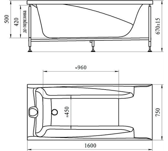 Акриловая ванна Радомир Фелиция 160x75, фронтальная панель, каркас 2-78-0-0-1-204