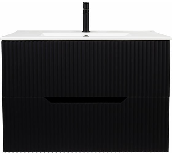 Подвесная тумба с раковиной ORANGE Лайн 80 с рифленым фасадом, черный матовый Li-80RFTub+Ra
