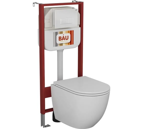Комплект Bauedge BAU 6 в 1: рамная инсталляция BAU NEO 45, унитаз подвесной безободковый Bau Dream, быстросъемное тонкое сиденье дюропласт микролифт, кнопка смыва BAU Hotel , белый глянец NEO45700-BL0001-Q00006