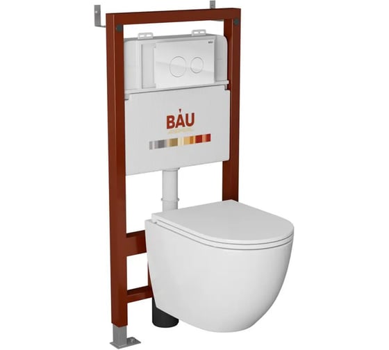 Комплект Bauedge BAU 6 в 1: рамная инсталляция BAU NEO 45, унитаз подвесной безободковый Bau Dream, быстросъемное тонкое сиденье дюропласт микролифт, кнопка смыва из стекла BAU Dream дизайнерская, белая NEO45700-BL0001-Q00010