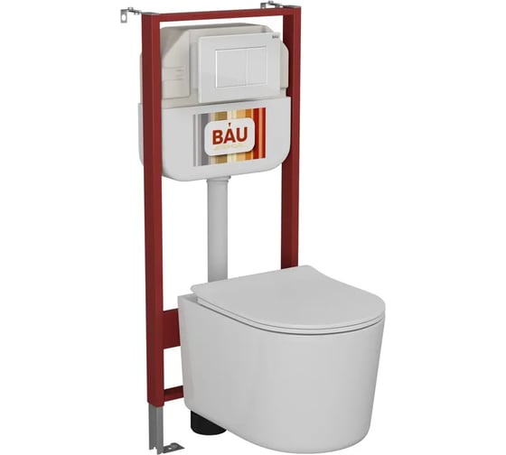 Комплект Bauedge BAU 6 в 1: рамная инсталляция BAU NEO 45, унитаз подвесной безободковый Bau Hotel PRO, быстросъемное сиденье микролифт, кнопка смыва BAU Stil , белый глянец NEO45700-NM0003-PRO-Q00001