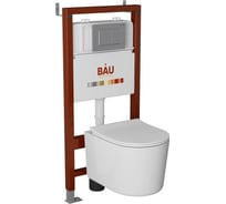 Комплект Bauedge BAU 6 в 1: рамная инсталляция BAU NEO 45, унитаз подвесной безободковый Bau Hotel PRO, быстросъемное сиденье микролифт, кнопка смыва BAU Stil антивандальная 2-й смыв, нержавеющая сталь сатин NEO45700-NM0003-PRO-Q00009