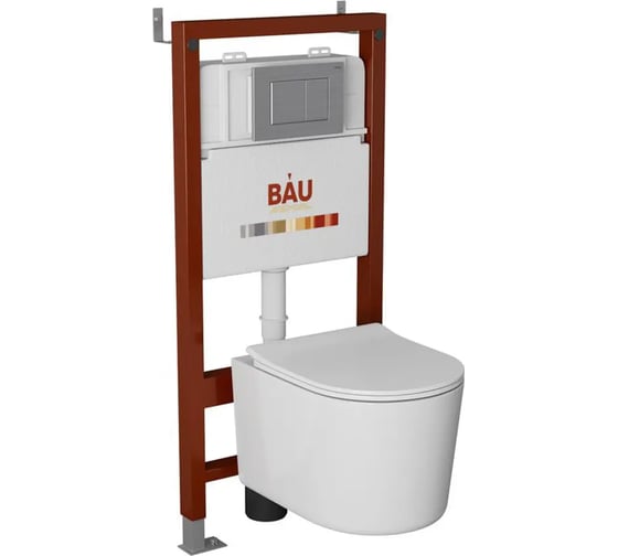 Комплект Bauedge BAU 6 в 1: рамная инсталляция BAU NEO 45, унитаз подвесной безободковый Bau Hotel PRO, быстросъемное сиденье микролифт, кнопка смыва BAU Stil антивандальная 2-й смыв, нержавеющая сталь сатин NEO45700-NM0003-PRO-Q00009