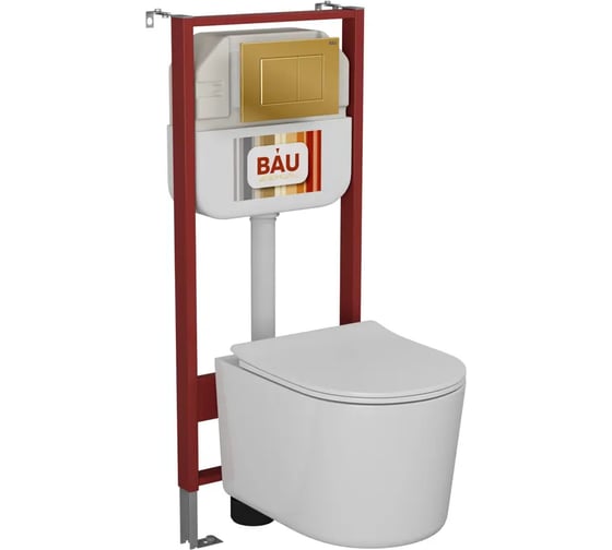 Комплект Bauedge BAU 6 в 1: рамная инсталляция BAU NEO 45, унитаз подвесной безободковый Bau Hotel PRO, быстросъемное сиденье микролифт, кнопка смыва BAU Stil, золото NEO45700-NM0003-PRO-Q00013