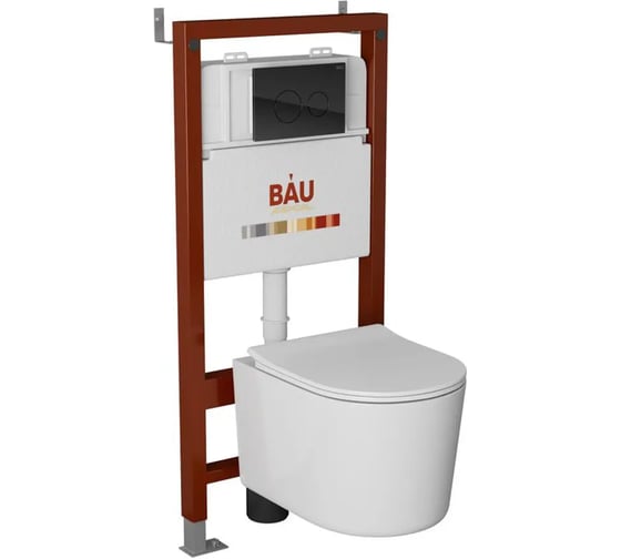 Комплект Bauedge BAU 6 в 1: рамная инсталляция BAU NEO 45, унитаз подвесной безободковый Bau Hotel PRO, быстросъемное сиденье микролифт, кнопка смыва из стекла BAU Dream дизайнерская, черная NEO45700-NM0003-PRO-Q00011