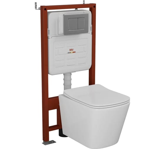 Комплект Bauedge BAU 6 в 1: усиленная инсталляция BAU IDEAL, унитаз подвесной безободковый Bau Stil Hurricane, быстросъемное тонкое сиденье дюропласт микролифт, клавиша BAU Light нерж сталь брашированная E458103-BS0001-HQ-E00107