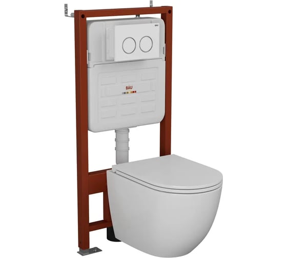 Комплект Bauedge BAU 6 в 1: усиленная инсталляция BAU IDEAL, унитаз подвесной безободковый вихревой Bau Dream Hurricane, быстросъемное тонкое сиденье дюропласт микролифт, клавиша BAU Round, белый/хром E458103-BL0001-HQ-E00116