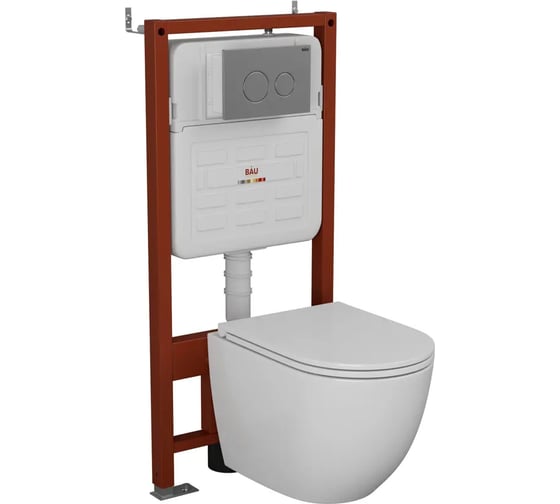 Комплект Bauedge BAU 6 в 1: усиленная инсталляция BAU IDEAL, унитаз подвесной безободковый вихревой Bau Dream Hurricane, быстросъемное тонкое сиденье дюропласт микролифт, клавиша антивандальная, нерж сталь E458103-BL0001-HQ-E00118