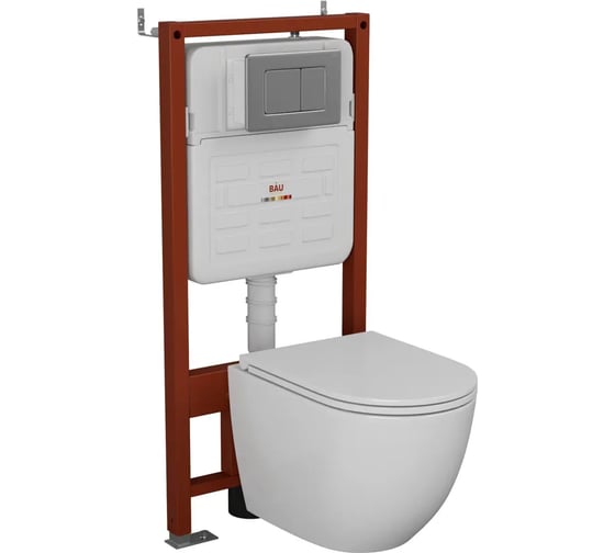 Комплект Bauedge BAU 6 в 1: усиленная инсталляция BAU IDEAL, унитаз подвесной безободковый вихревой Bau Dream Hurricane3, сиденье микролифт, клавиша BAU Light антивандальная, нерж сталь брашированная E458103-BL0001-HQ3-E00107