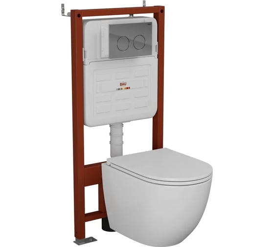 Комплект Bauedge BAU 6 в 1: усиленная инсталляция BAU IDEAL, унитаз подвесной безободковый, со смывом торнадо Grossman Hurricane 3, сиденье дюропласт микролифт, клавиша BAU Round, хром E458103-GR-4455SQ-E00113