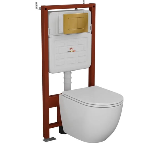 Комплект Bauedge BAU 6 в 1: усиленная инсталляция BAU IDEAL унитаз подвесной безободковый, со смывом торнадо Grossman Hurricane 3, сиденье микролифт, клавиша BAU Light антивандальная, нерж. сталь золото E458103-GR-4455SQ-E00108