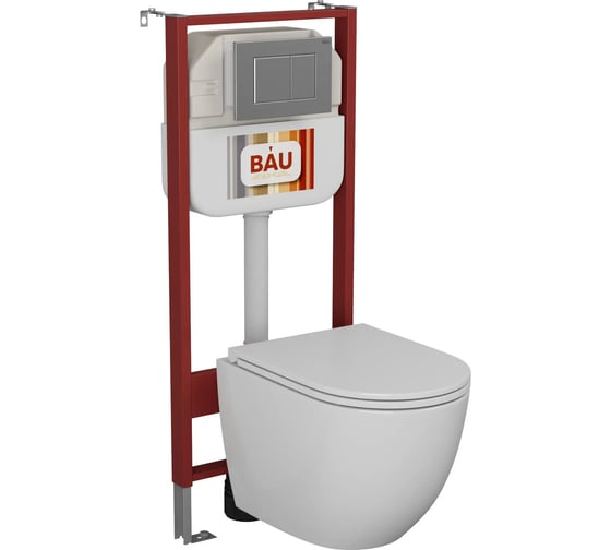 Комплект Bauedge BAU 6 в 1: рамная инсталляция BAU NEO 45, унитаз подвесной торнадо Bau Dream 52х36 Hurricane-5, быстросъемное сиденье дюропласт микролифт, клавиша BAU Stil антивандальная,нержавеющая сталь NEO45700-BL0001-HQ5-Q00009