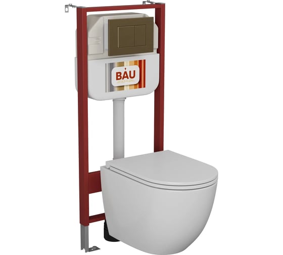 Комплект Bauedge BAU 6 в 1: рамная инсталляция BAU NEO 45, унитаз подвесной безободковый торнадо Bau Dream 52х36 Hurricane-5, быстросъемное сиденье дюропласт микролифт, клавиша BAU Stil, бронза NEO45700-BL0001-HQ5-Q00012