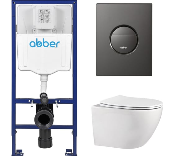 Комплект подвесной унитаз ABBER Bequem AC1100 белый с инсталляцией AC0108 и кнопкой AC0126NG оружейная сталь AC1100-AC0108-AC0126NG