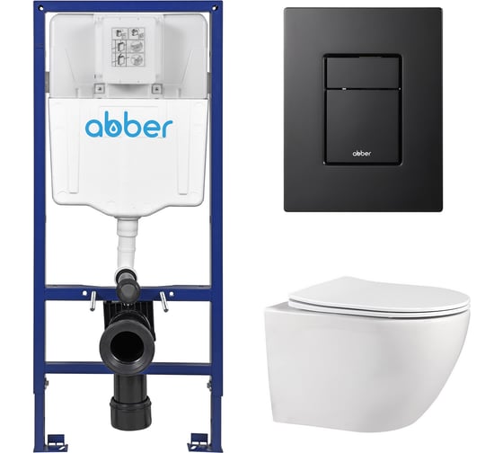 Комплект подвесной унитаз ABBER Bequem AC1100 белый с инсталляцией AC0108 и кнопкой AC0123MB черная матовая AC1100-AC0108-AC0123MB