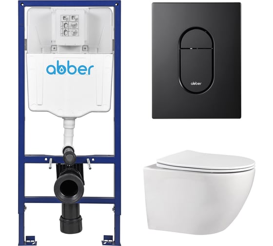 Комплект подвесной унитаз ABBER Bequem AC1100 белый с инсталляцией AC0108 и кнопкой AC0124MB черная матовая AC1100-AC0108-AC0124MB