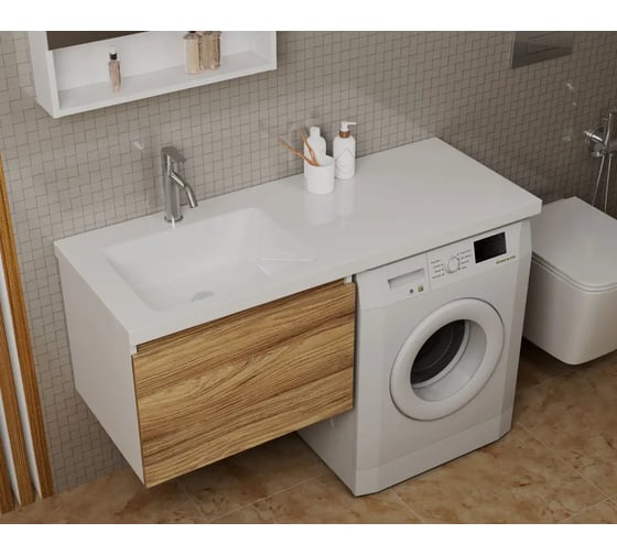 Раковина над стиральной машиной Bauedge BAU Bloom 120x50, литьевой мрамор, с кронштейнами и сифоном, белый глянец, левая MY2015