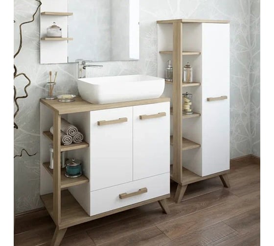 Тумба Sanflor Ингрид 80 швейцарский вяз, белый и умывальник PLAZA 55x36 С12474